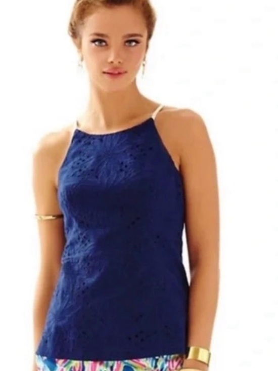 Lilly Pulitzer Tops - Lilly Pulitzer Annabelle top True Navy Jumbo Sunflower Eyelet Halter Tank Top 0